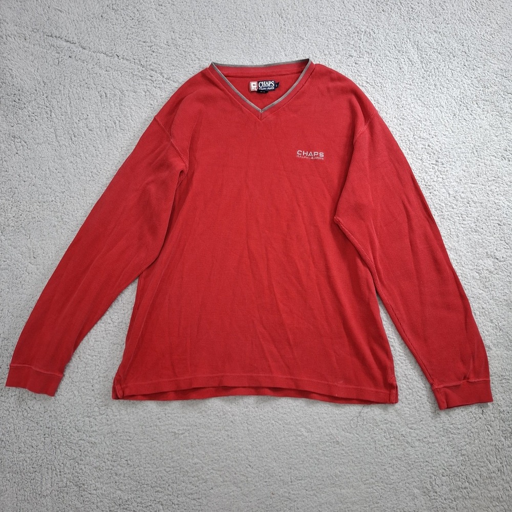 90s Chaps Ralph Lauren Red Rib Knit V-Neck Sweater Preppy Vintage Mens L